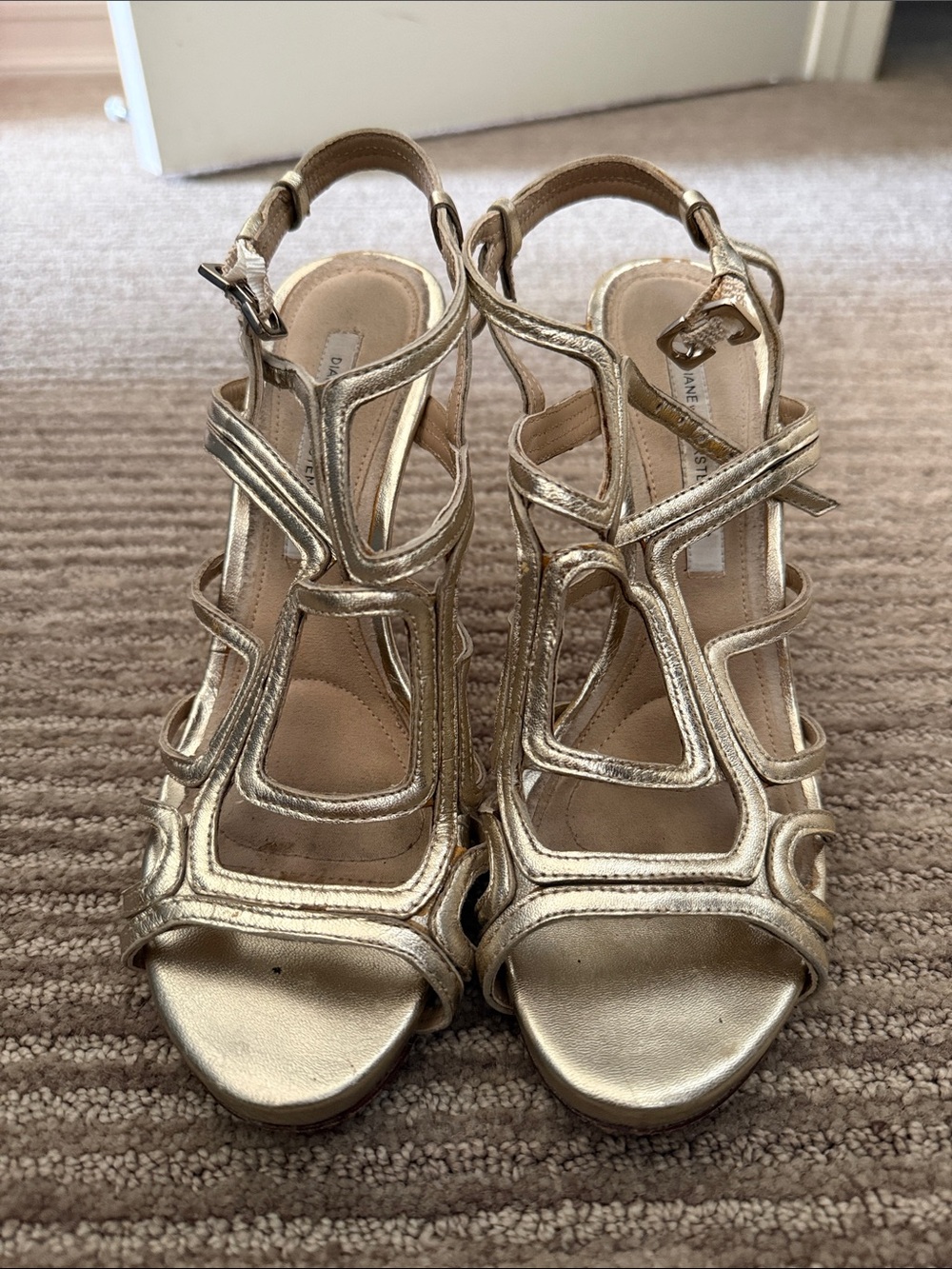 Diane Von Furstenberg Metallic Gold Strappy Heeled Sandals
